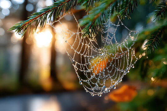 Dewy Spiderweb on Pine Branch at Sunrise