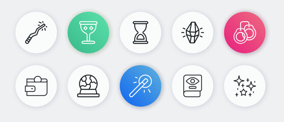 Set line Magic wand, Handcuffs, Wallet, Ancient magic book, stone, Old hourglass, Magical glitter particles and ball icon. Vector