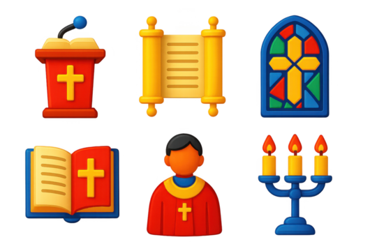 Collection of religious icons including a cross, a book, a candle