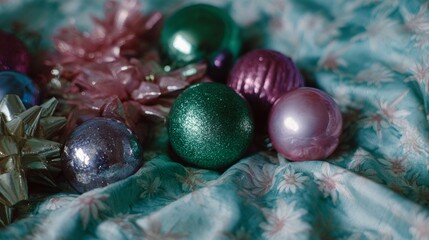 Bunch of Christmas ornaments are scattered on a blue floral blanket