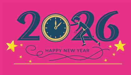 Obraz premium Happy New Year 2026 with clock and stars illustration