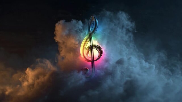 Dramatic music video intro with glowing treble clef and swirling smoke effects, perfect for concert visuals and artistic music projects, creating a mesmerizing and dynamic atmosphere