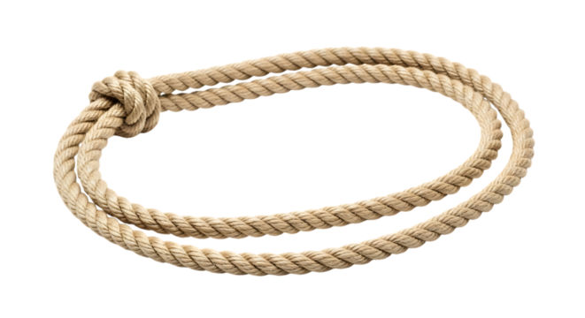 Thick natural fiber rope forming a loop with a knot, isolated on white or transparent background, PNG