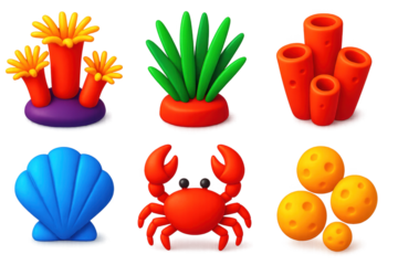 Variety of sea creatures, including a crab, a shell, and a jellyfish