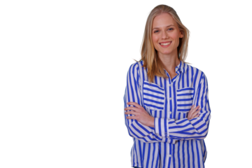 Blonde woman in striped shirt smiling confidently with arms crossed, standing for portrait on transparent background