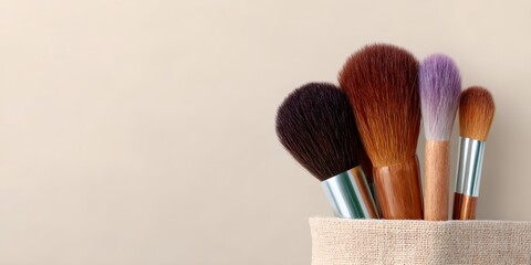 Bunch of makeup brushes are in a basket