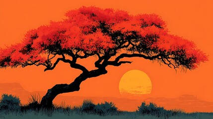 Beautiful orange sky with acacia silhouette high resolution picture