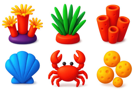 Variety of sea creatures, including a crab, a shell, and a jellyfish