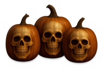 Three halloween pumpkins featuring carved skull faces, creating a spooky and creepy seasonal decoration on transparent background