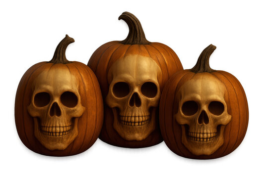 Three halloween pumpkins featuring carved skull faces, creating a spooky and creepy seasonal decoration on transparent background - Powered by Adobe