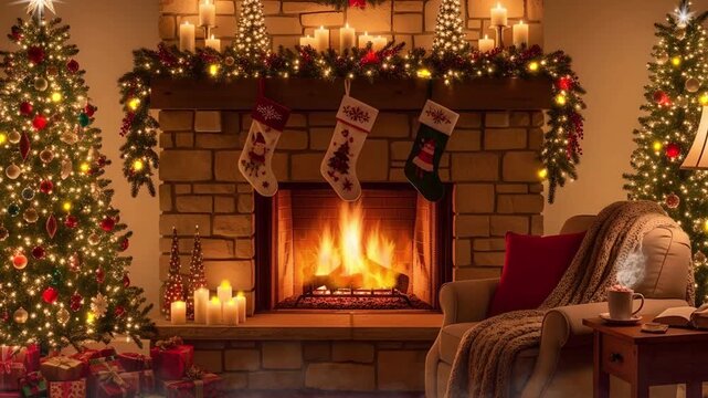  fireplace with Christmas decorations, seamless looping time-lapse virtual video animation background