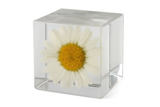 Daisy flower encapsulated in clear resin cube preserving nature