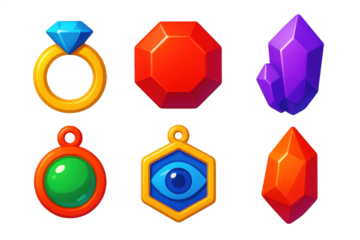 Vibrant Gemstone Icons. 3D icon set of symbolic gemstones: birthstone ring, anniversary gem, zodiac crystal, healing amulet,