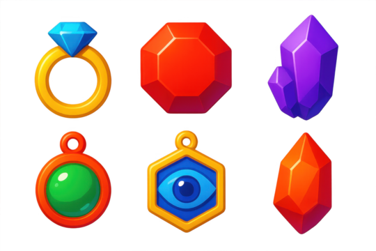 Vibrant Gemstone Icons. 3D icon set of symbolic gemstones: birthstone ring, anniversary gem, zodiac crystal, healing amulet,