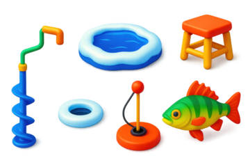 Ice Fishing Icons. 3D icon set of ice fishing: ice auger, frozen lake, fishing hole, small stool, tip-up trap, caught perch. A set