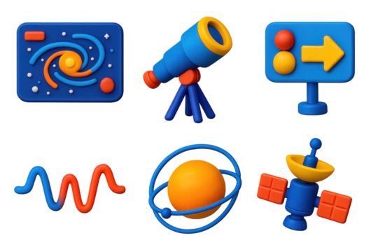 Deep Space Icon Set. 3D icon set of deep space exploration: galaxy map, telescope view, light-year marker, redshift wave,