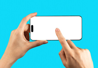 Close-up of hand holding modern smartphone with blank screen isolated on white background. High...