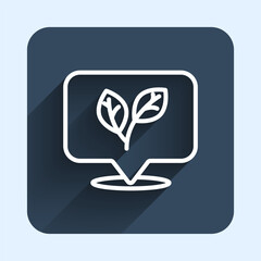 White line Leaf icon isolated with long shadow background. Leaves sign. Fresh natural product symbol. Blue square button. Vector