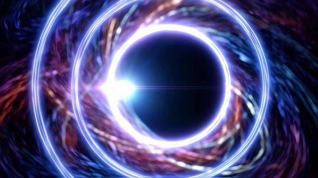 A cosmic scene, a glowing black hole framed by ethereal energy rings, light burst