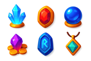 Fantasy Jewel Icons. 3D icon set of fantasy-themed jewels: glowing crystal, enchanted gem, floating orb, dragon’s hoard gem,