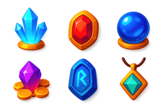 Fantasy Jewel Icons. 3D icon set of fantasy-themed jewels: glowing crystal, enchanted gem, floating orb, dragon’s hoard gem,