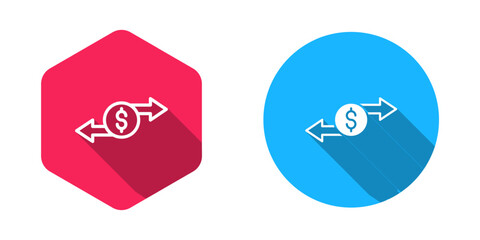 Filled and outline Money exchange icon isolated with long shadow background. Cash transfer symbol. Banking currency sign. Vector