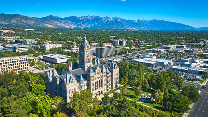 Aerial Salt Lake City County Building Downtown Skyline and Wasatch Mountains