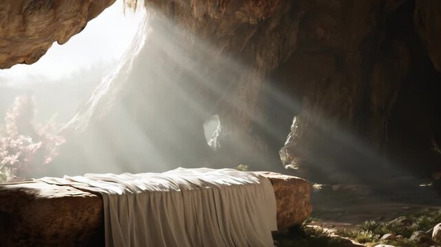 Empty tomb with light rays, Jesus resurrection, cinematic animation