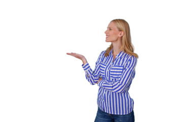 Blonde woman in striped shirt smiling, holding hand out to the side, presenting an empty space for product or information