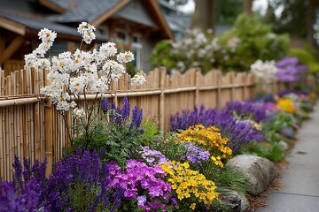 Beautiful peonies beside bamboo fence high resolution picture