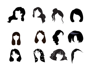 Collection of diverse black silhouette hairstyles for women isolated on transparent background