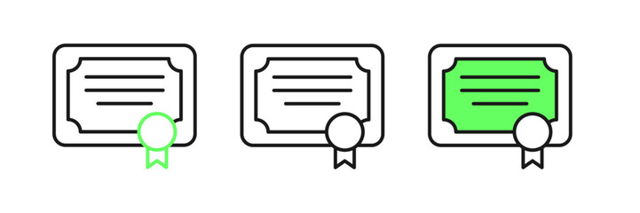 Set line Certificate template icon isolated on white background. Achievement, award, degree, grant, diploma concepts. Vector
