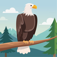 Majestic eagle perched on a branch, soaring through the skies. The bird of prey has a keen gaze and is surrounded by a backdrop of mountains and trees