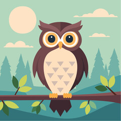 An Illustration of a cartoon owl perched on a branch, in front of the sun. The scene is bright and friendly