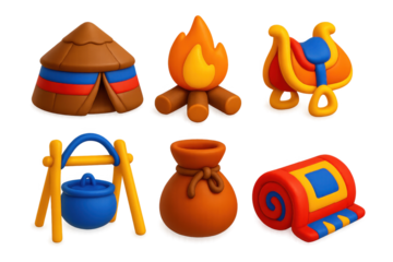 Variety of colorful, whimsical, and playful objects, including a pot, a bag