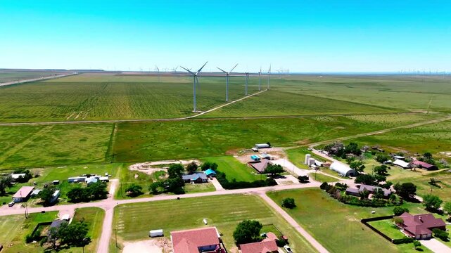 Aerial landscape of small rural desert town in summer historic US route 66 San Jon New Mexico NM