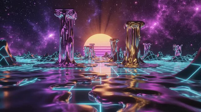 Retro neon grid landscape with dripping chrome pillars and sunset gradient in outer space with purple galaxy, web3 animation.