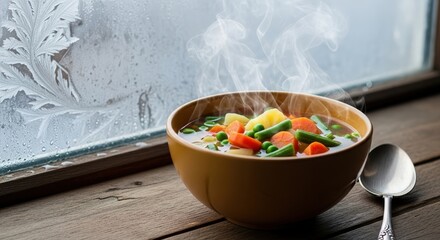 Hot vegetable soup served in a brown bowl by a frosted window  