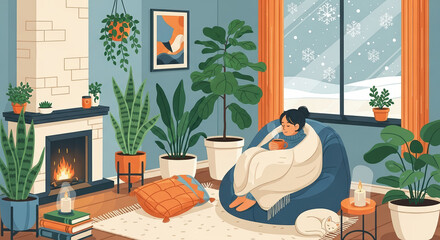 Woman wrapped in blanket sitting in bean bag chair by fireplace  
