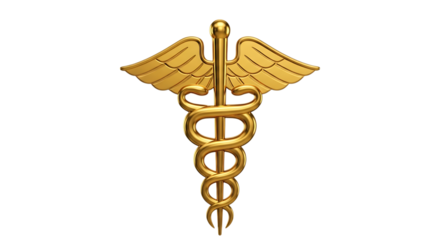 Golden Caduceus Medical Symbol with Wings on Black, cutout, PNG isolated on white or transparent background