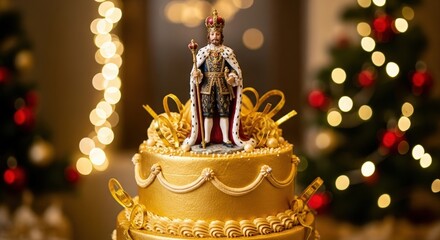Christmas cake decorated with golden details and figurine on top  