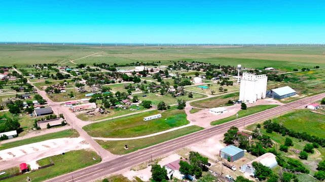 Aerial landscape of small rural desert town in summer historic US route 66 San Jon New Mexico NM
