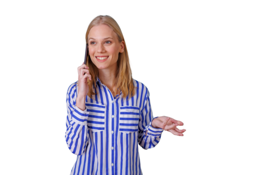 Happy woman talking on mobile phone communicating, smiling, discussing, and expressing ideas on transparent background