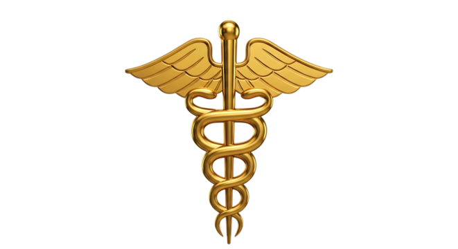 Golden Caduceus Medical Symbol with Wings on Black, cutout, PNG isolated on white or transparent background