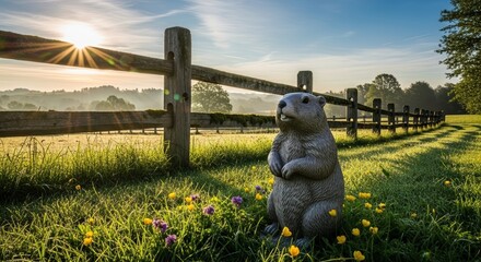 Stone beaver statue standing in a meadow at sunrise in spring  