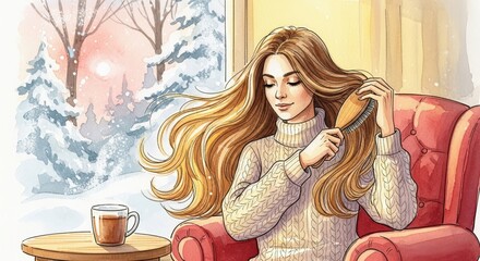 Young woman brushing her hair while sitting in armchair by window  