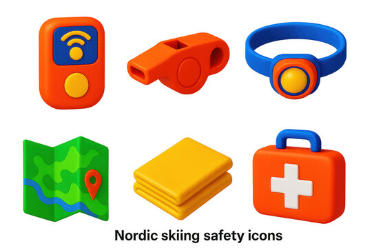 Nordic Skiing Safety Icons. 3D icon set of nordic skiing safety: avalanche beacon, whistle, headlamp, emergency blanket, terrain