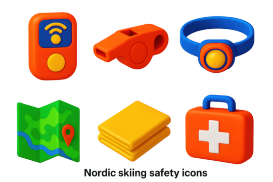 Nordic Skiing Safety Icons. 3D icon set of nordic skiing safety: avalanche beacon, whistle, headlamp, emergency blanket, terrain