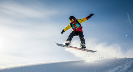 Snowboarder performing a jump on a snowy slope under blue sky  