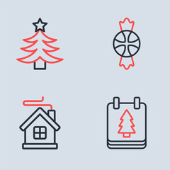 Set line Candy, Merry Christmas house, day calendar and tree icon. Vector